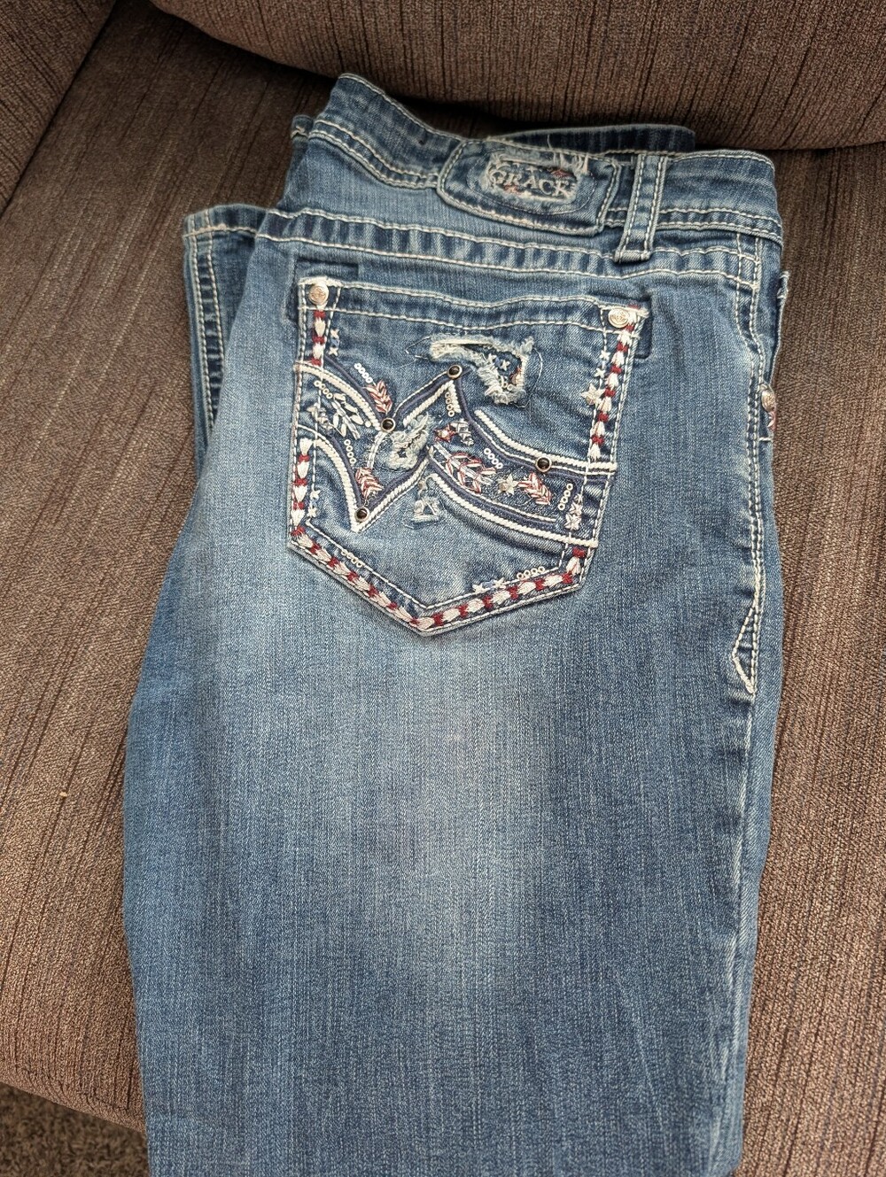 Grace in LA Embroidered Blue Boot Cut Jeans